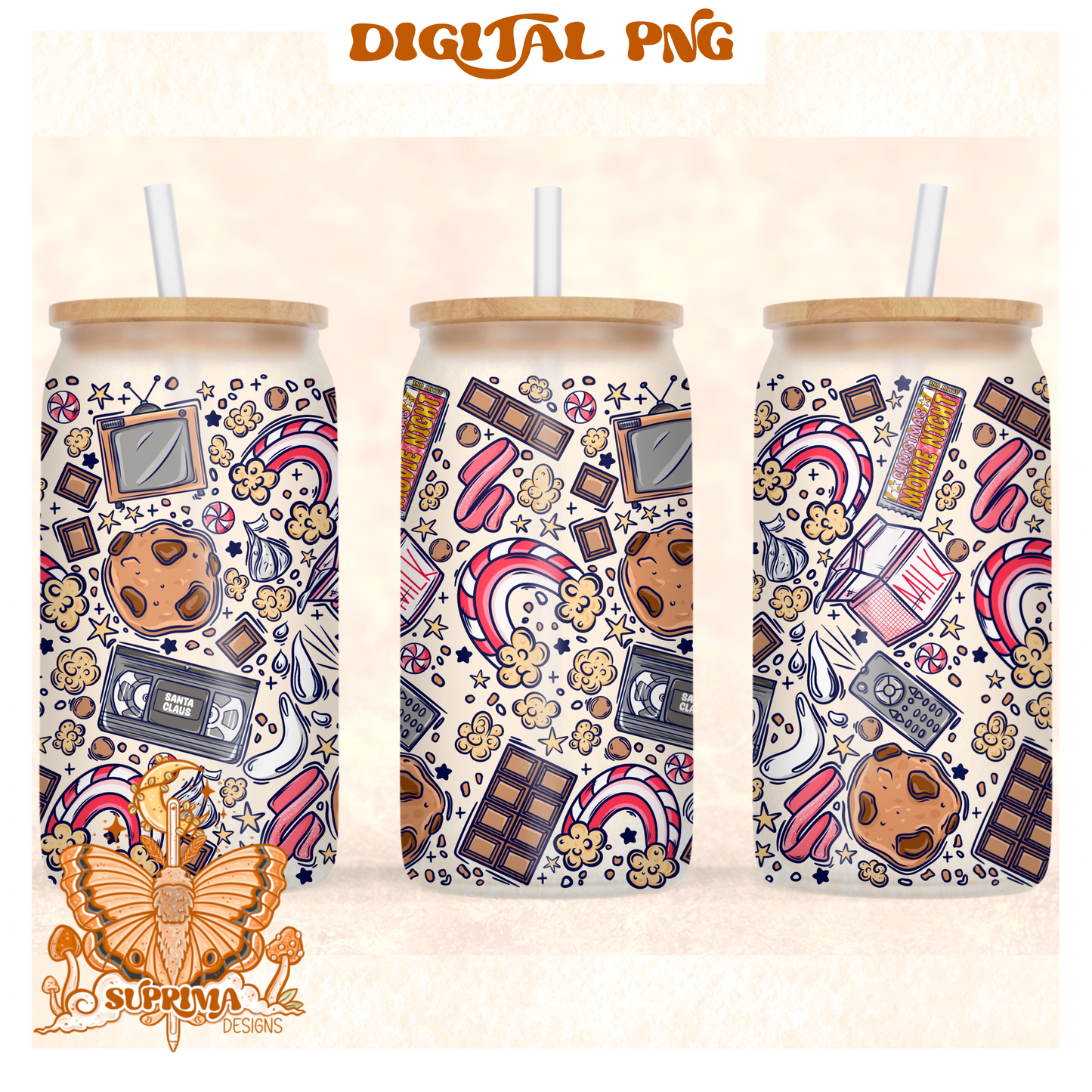 Christmas Movie Night | PNG | Glass Can Wrap | Seamless 3 Colorway Options