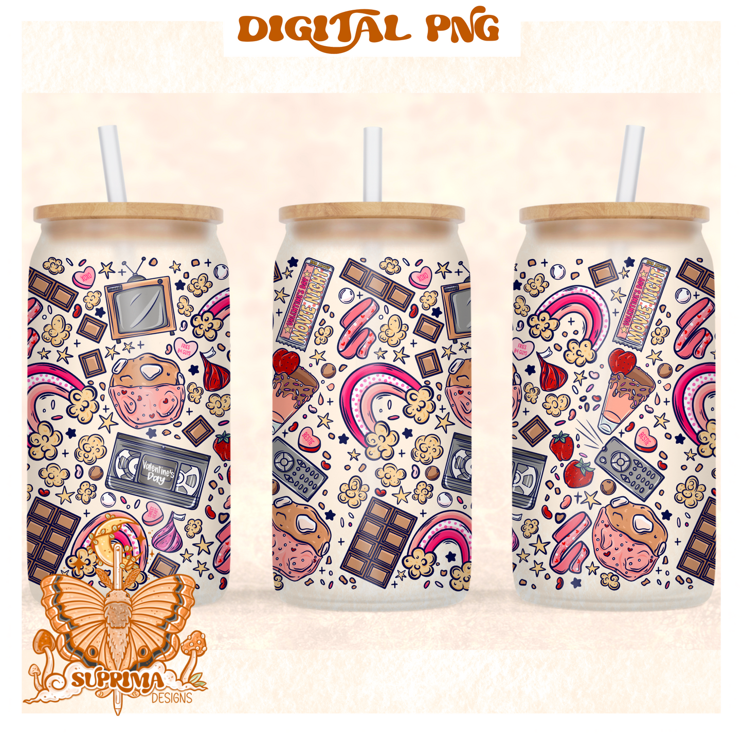 Valentine's Movie Night | PNG | Glass Can Wrap | Seamless 3 Colorway Options