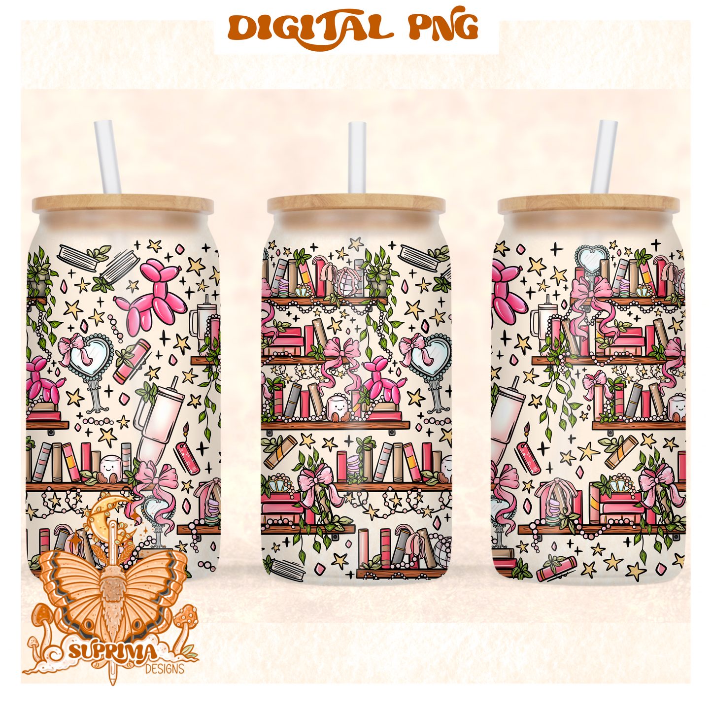 Bookie Coquette | PNG | Glass Can Wrap | Seamless 3 Colorway