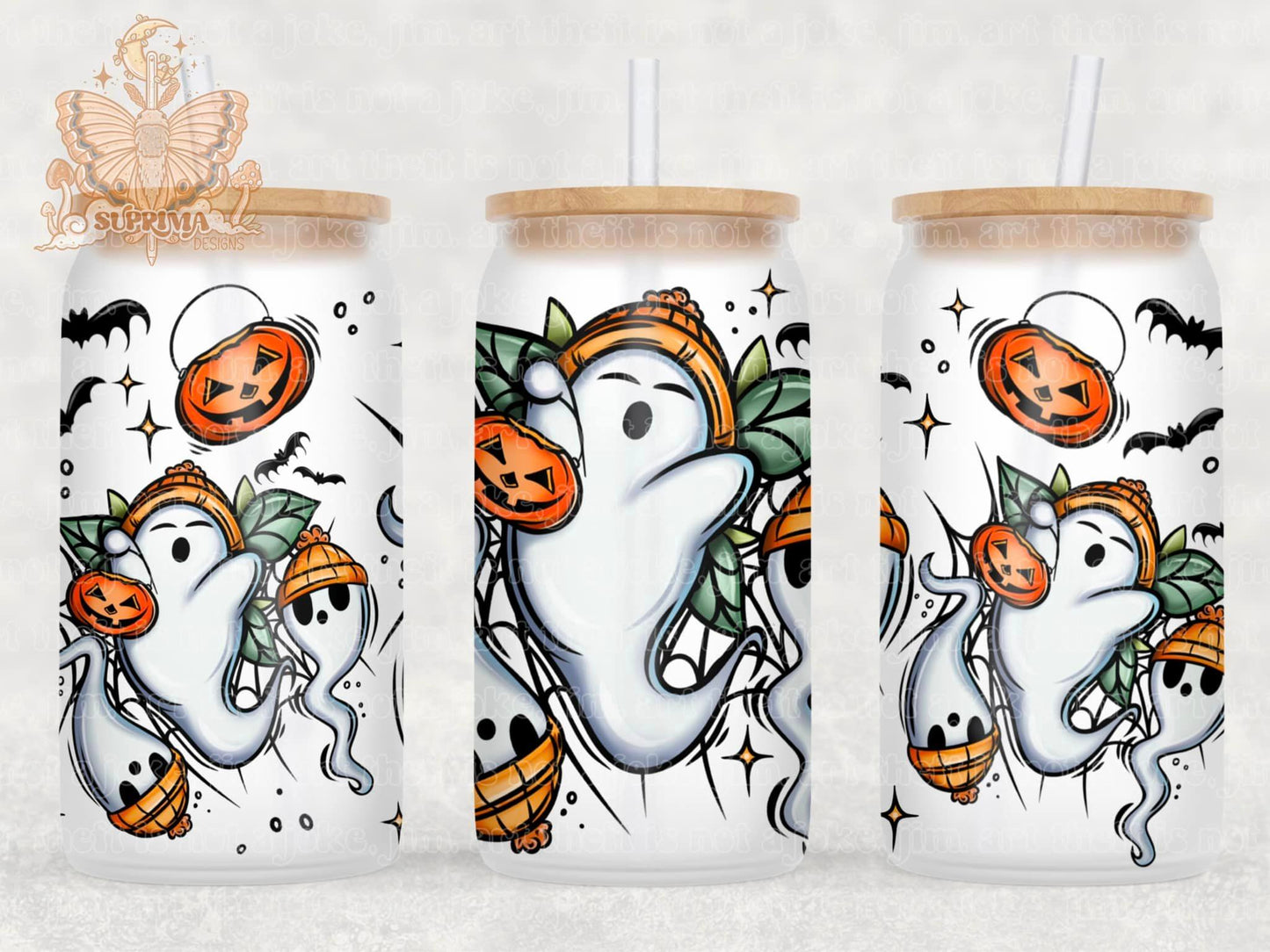 Ghostly Trio | Hand Drawn | Glass Can