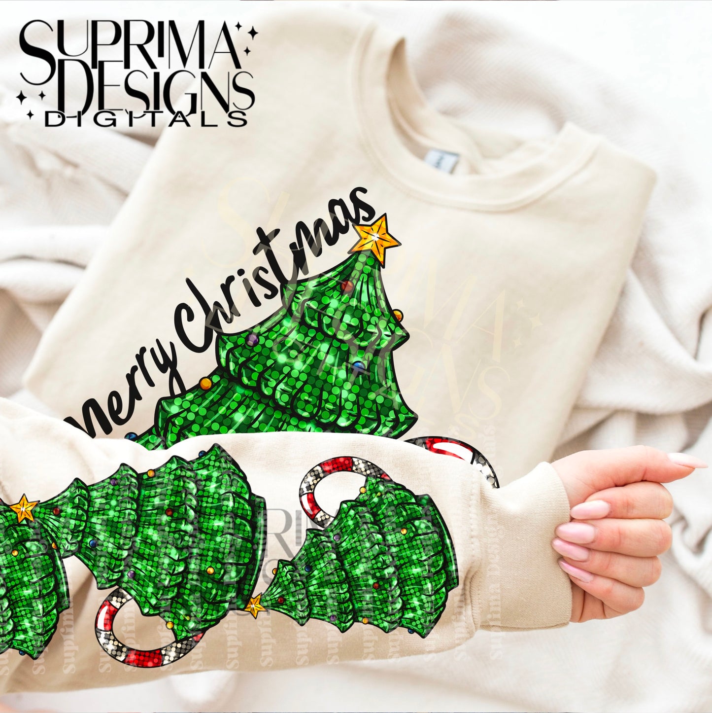 Sequin Merry Christmas Tree | Sleeve Combo | Hand Drawn*