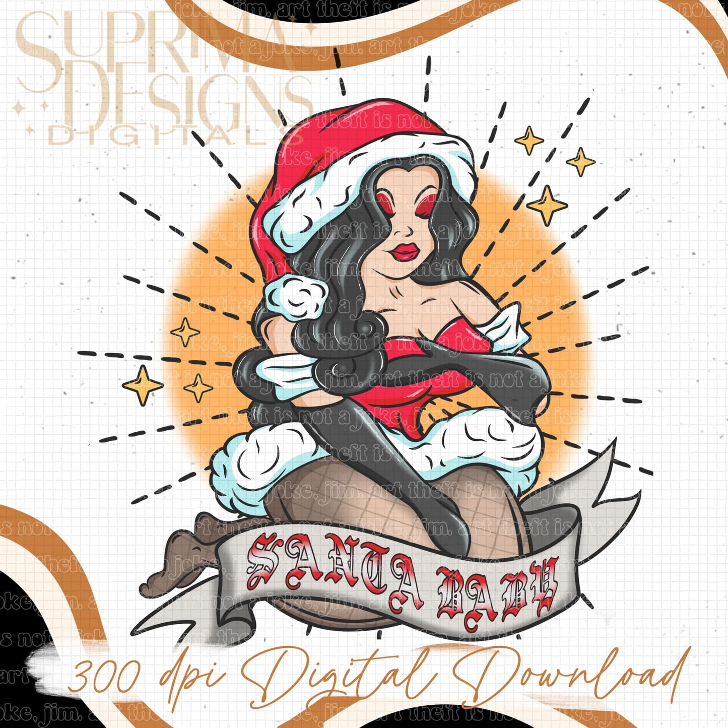 Santa Baby Black Hair 1 | Orange Background | Hand Drawn*