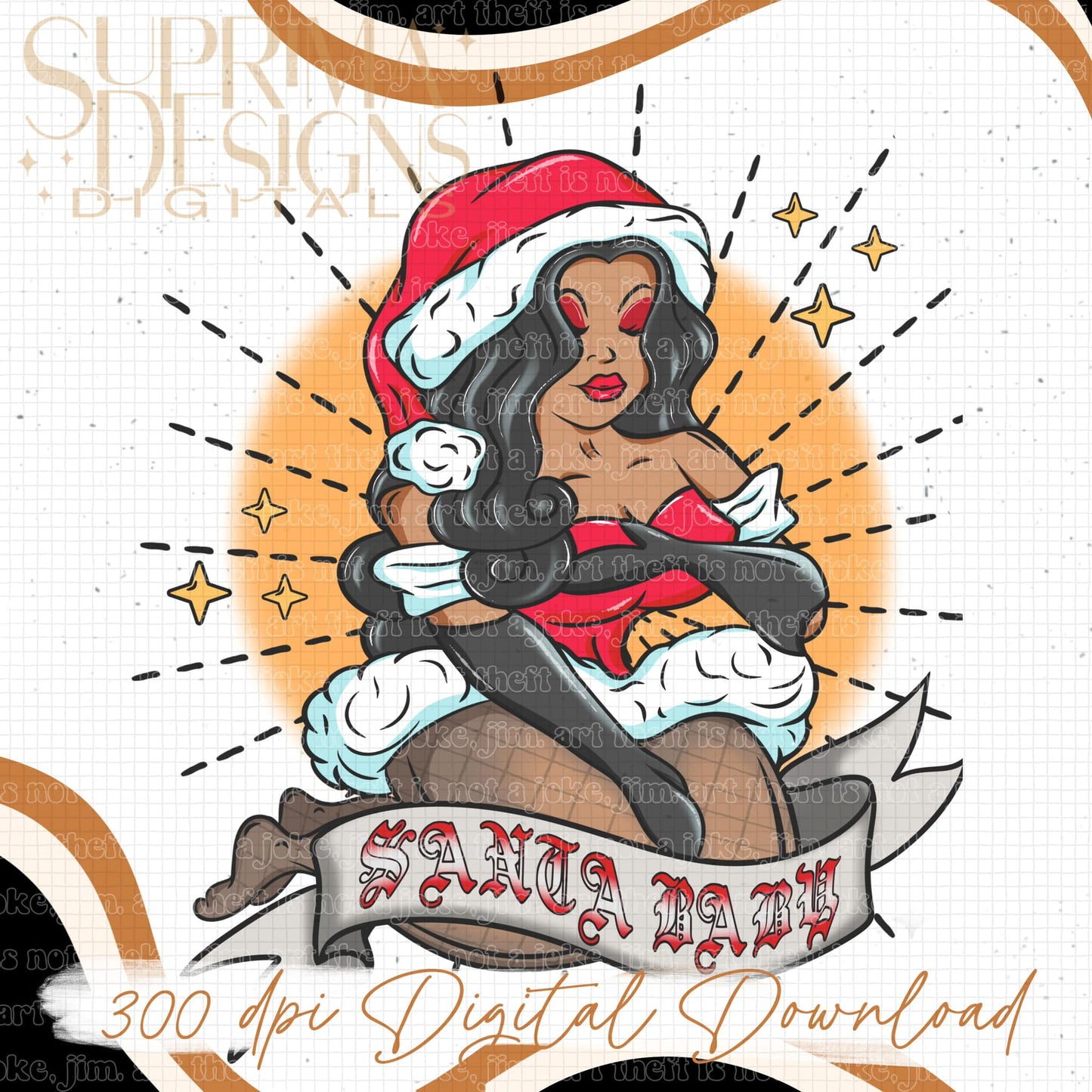 Santa Baby Black Hair 2 | Orange Background | Hand Drawn*