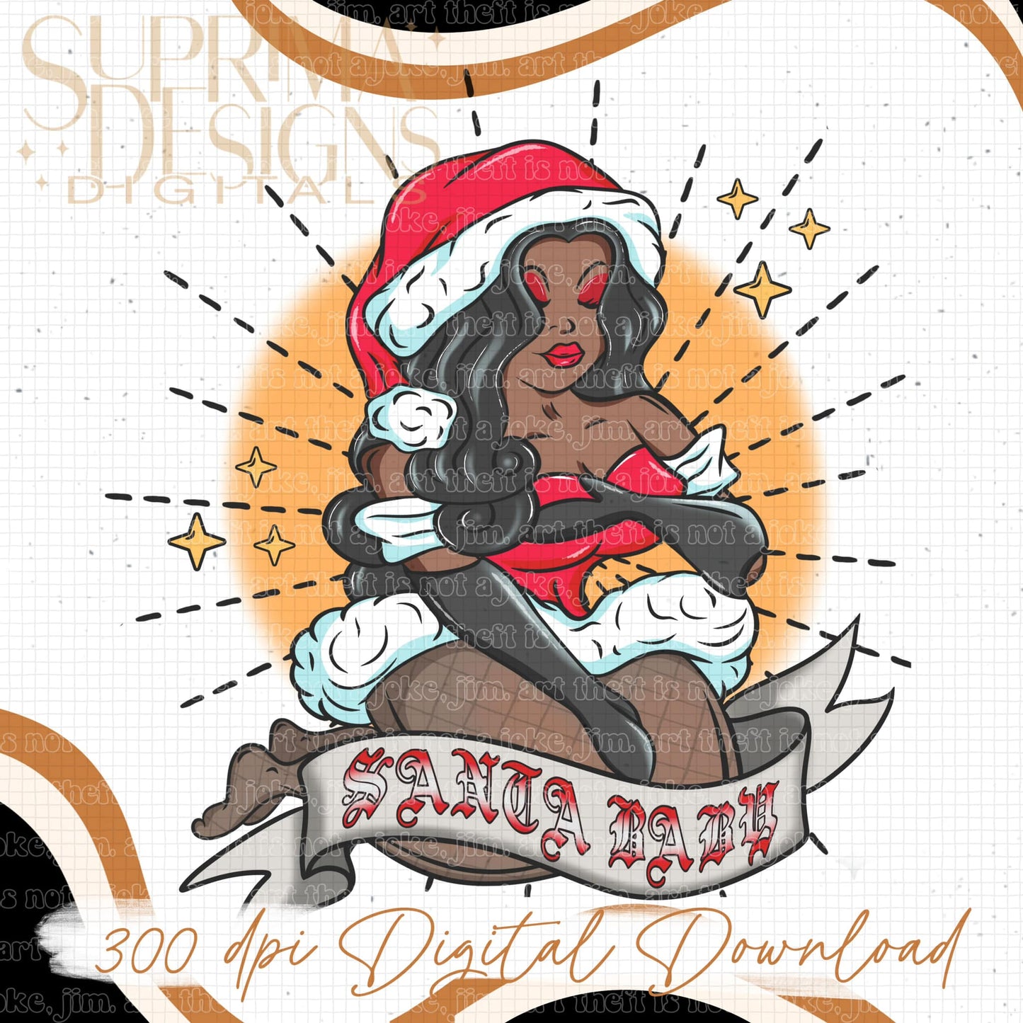 Santa Baby Black Hair 3 | Orange Background | Hand Drawn*