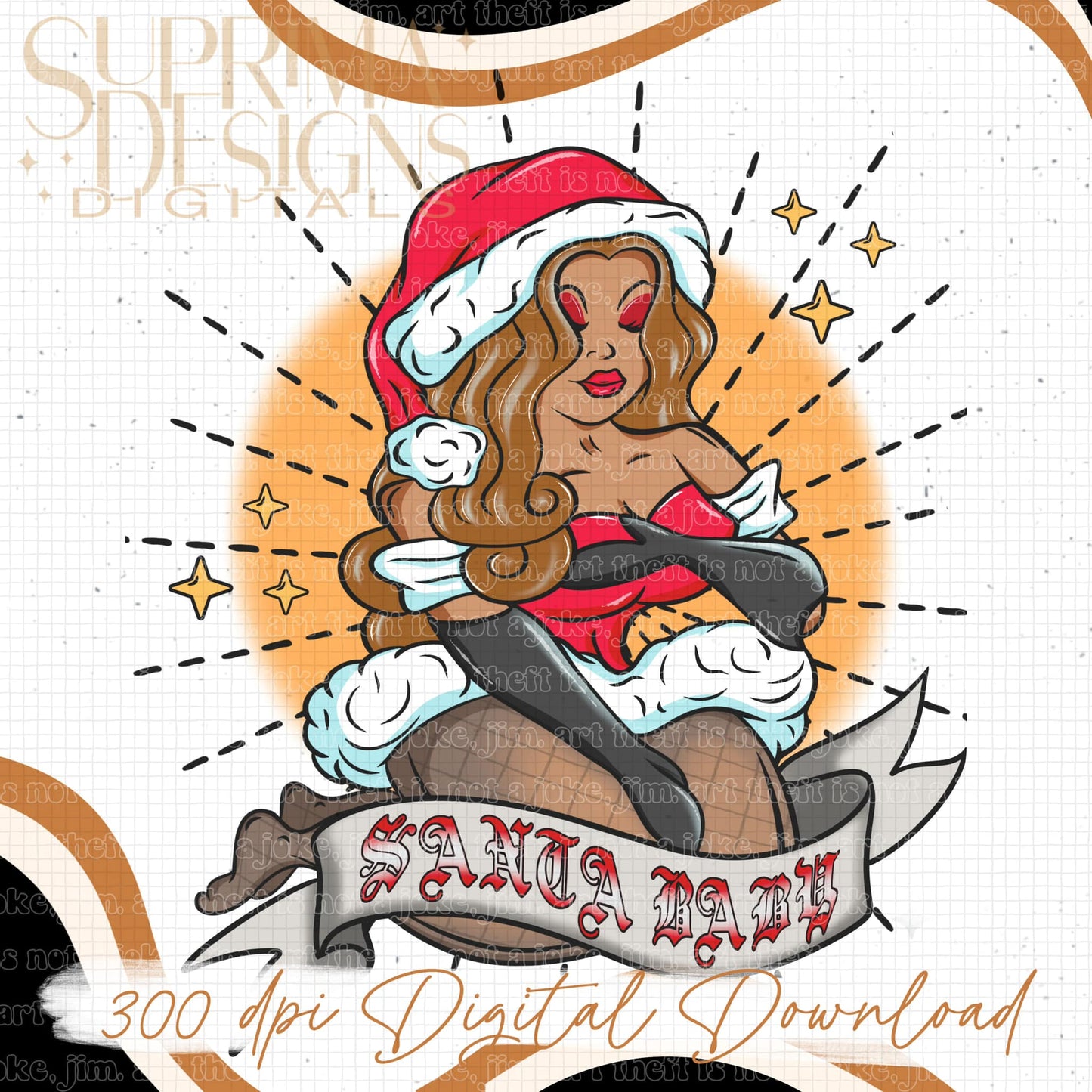 Santa Baby Brown Hair 1 | Orange Background | Hand Drawn*