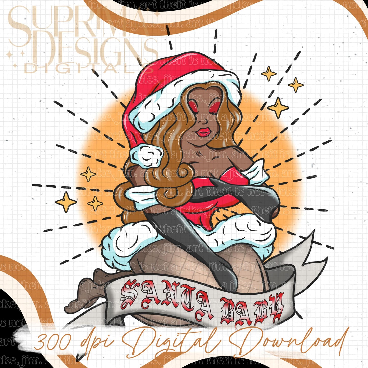 Santa Baby Brown Hair 3 | Orange Background | Hand Drawn*