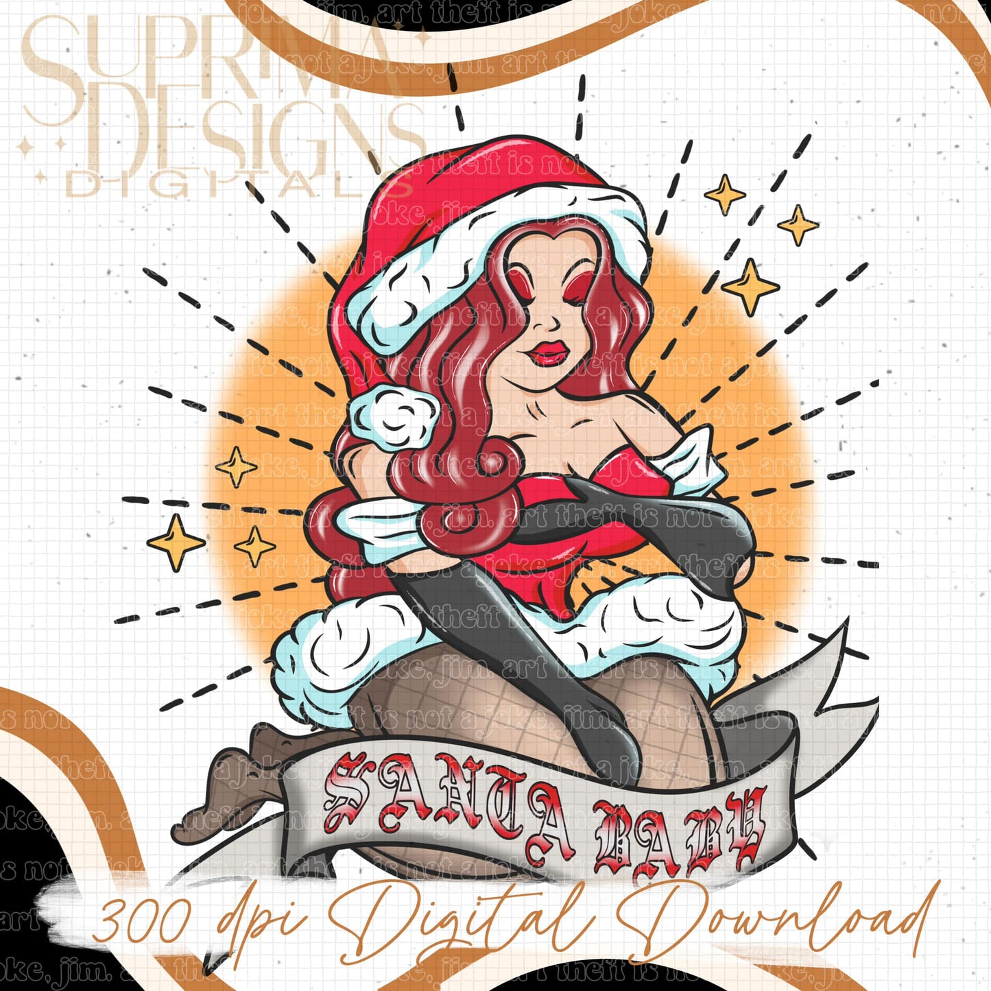 Santa Baby Red Hair 2 | Orange Background | Hand Drawn*